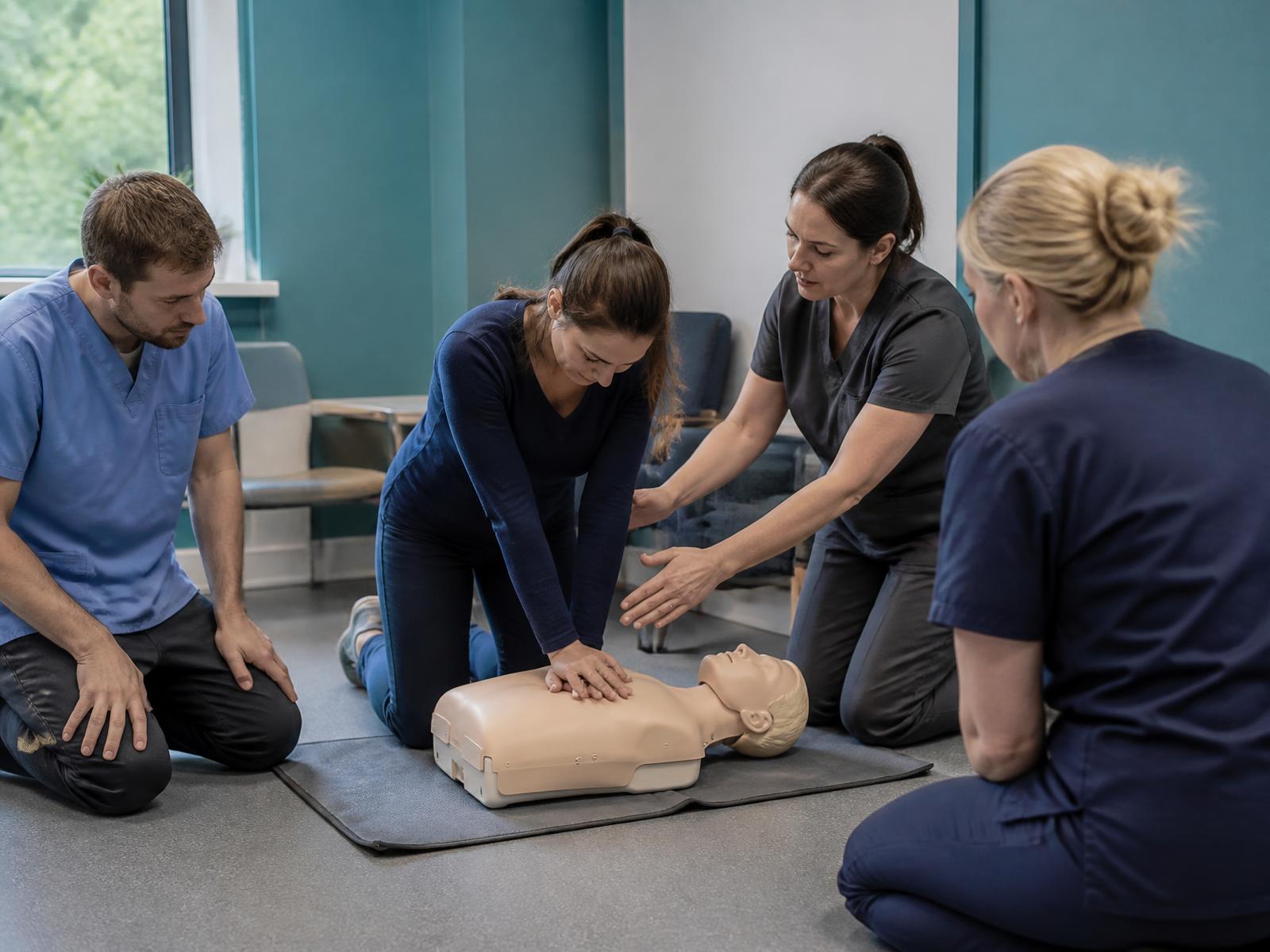 First aid training session with a professional team practising casualty care